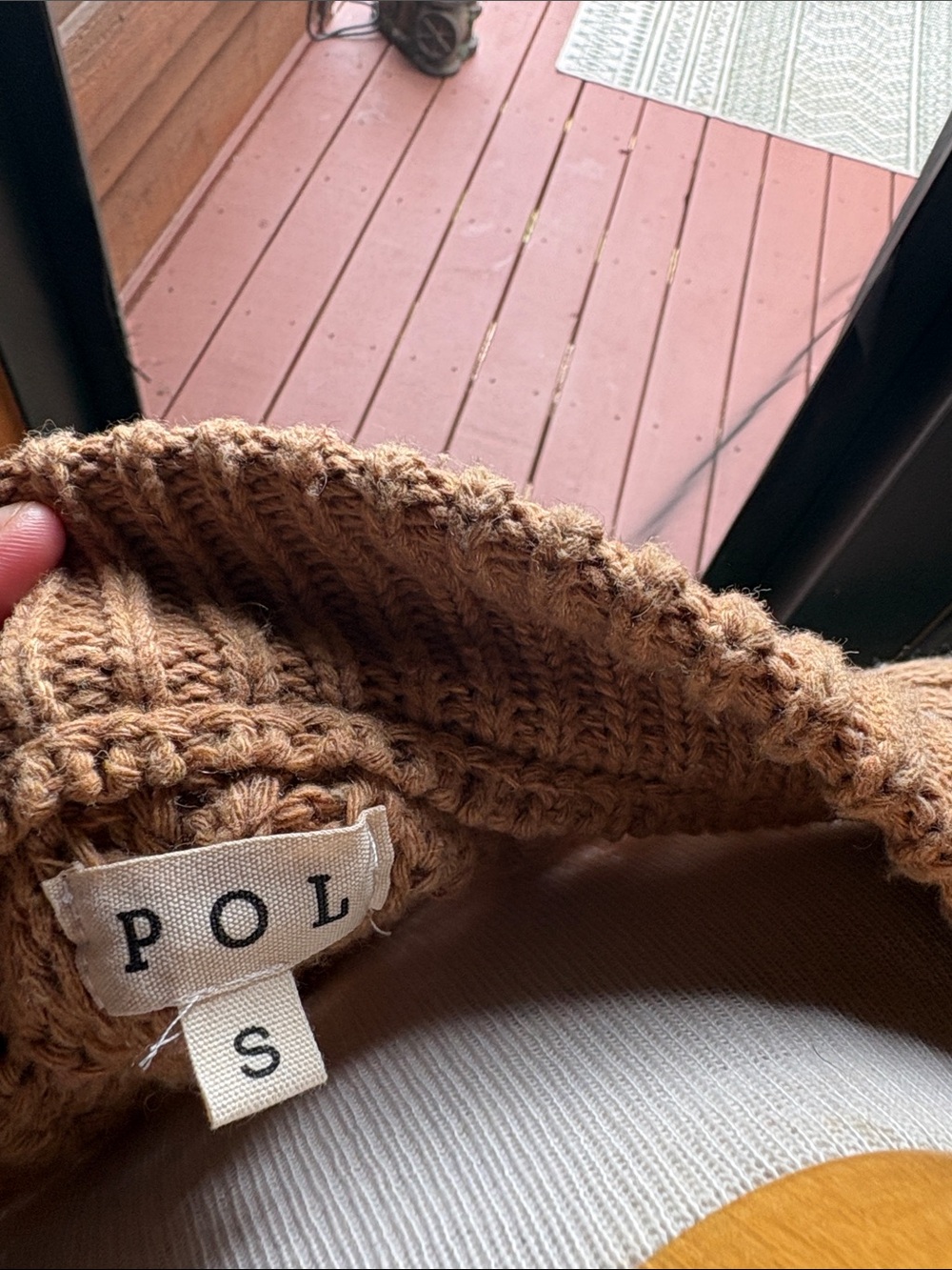 POL Camel Cable Knit Cardigan with Cream Accents - Picture 3 of 8